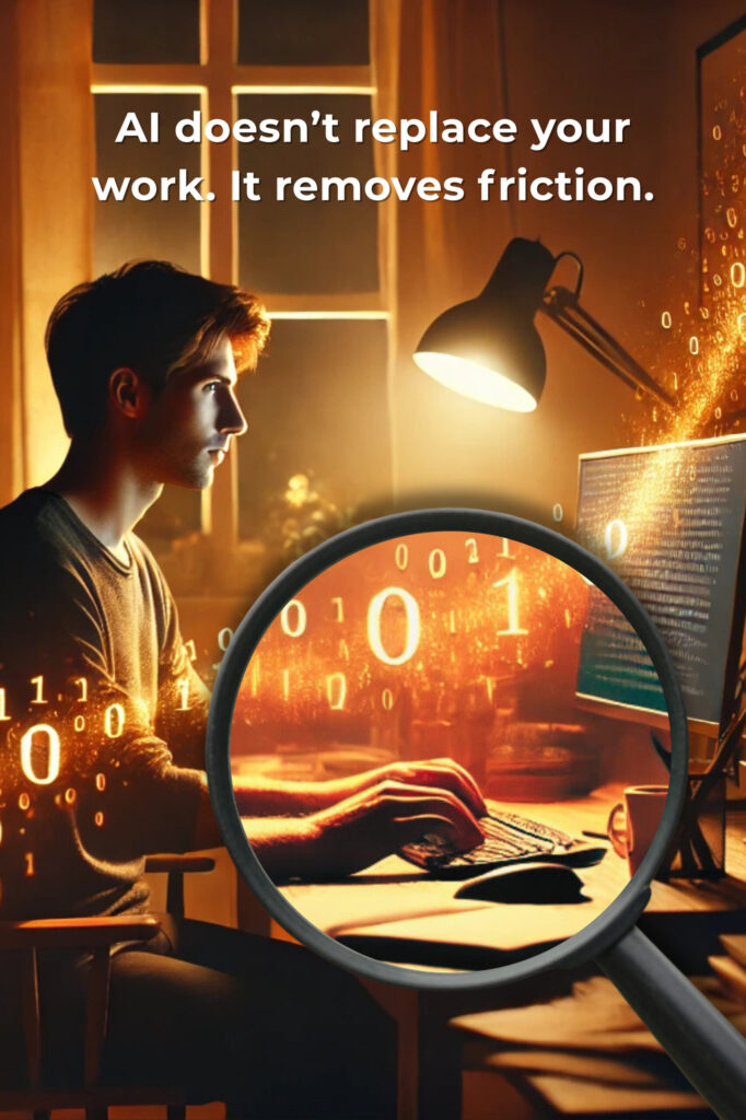 Man works on computer, in cooperation with practical AI, that lowers the threshold to start