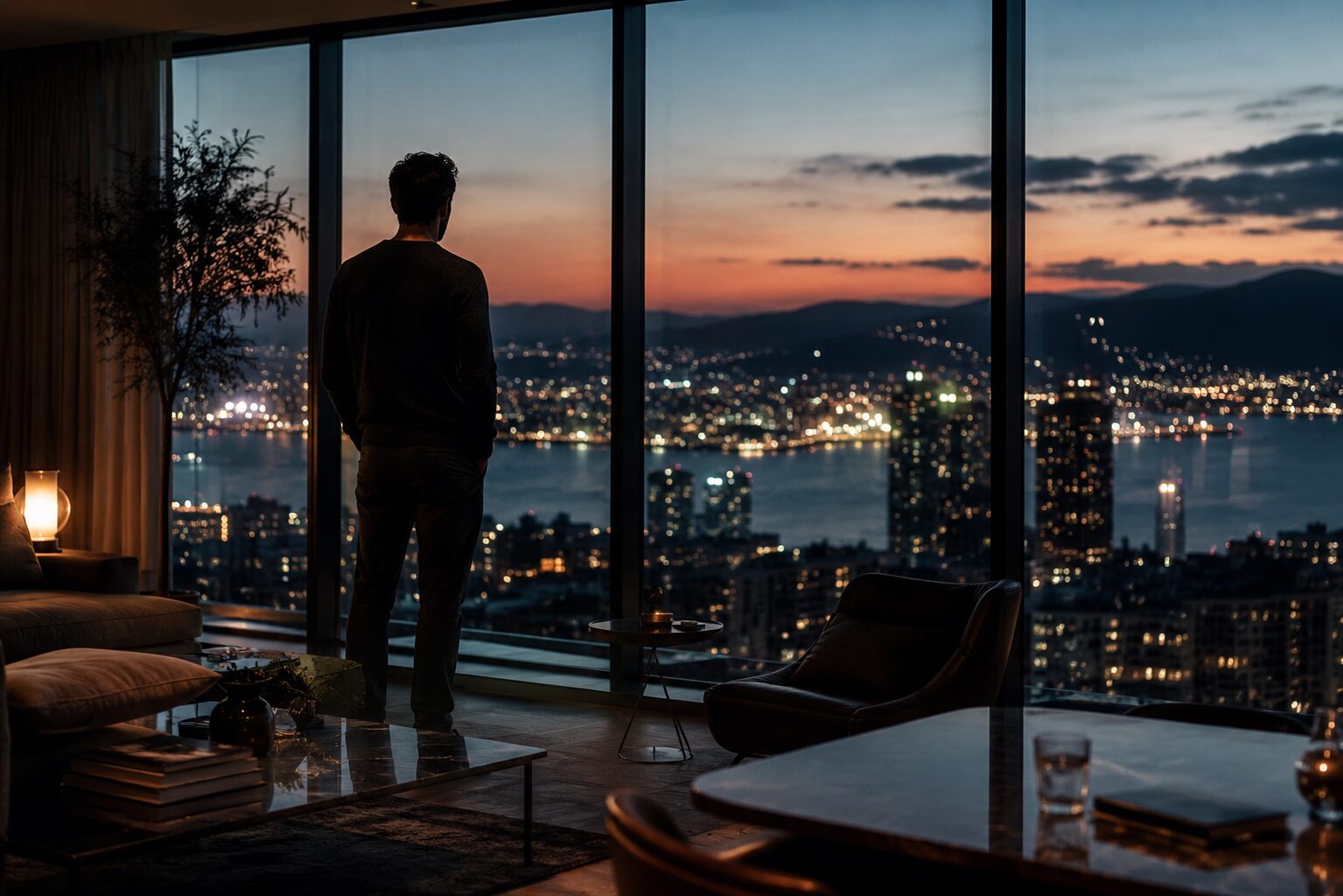 Man standing alone in a luxury apartment at night, reflecting on success, lifestyle and the cost of maintaining status.