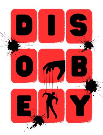 The word Disobey in a cross with black letters and red frames. T-shirt design created as part of testing online business ideas in the ExitLab.