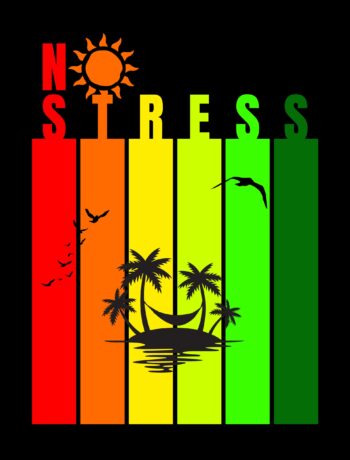 T-shirt design of an tropical island, with a background in reggae colors. Above it says No Stress, where the O is a sun. Design for the Hamster Wheel Exit.