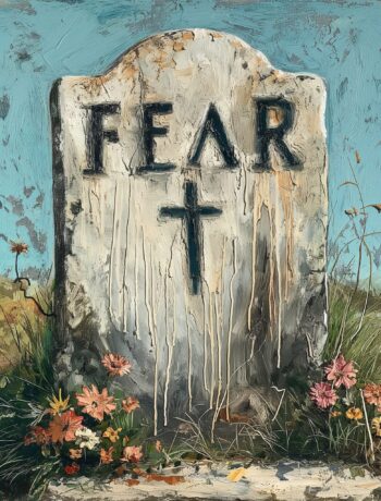 The word Fear written on a tomb stone, flowers on the side. T-shirt design created as part of testing online business ideas in the ExitLab.